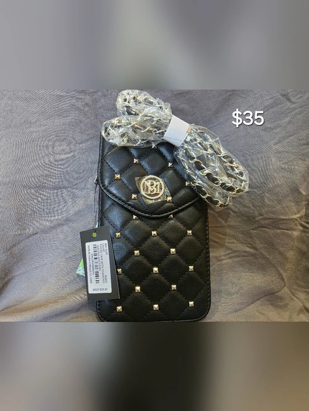 Badgley Mischka Black Quilted Studded Crossbody Wallet Phone Case - Picture 1 of 1
